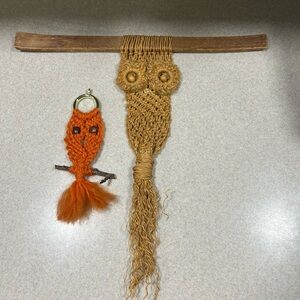 Lot Of 2 Vintage Macrame Owl Wall Hanging Handmade Boho Cottagecore Folk Art